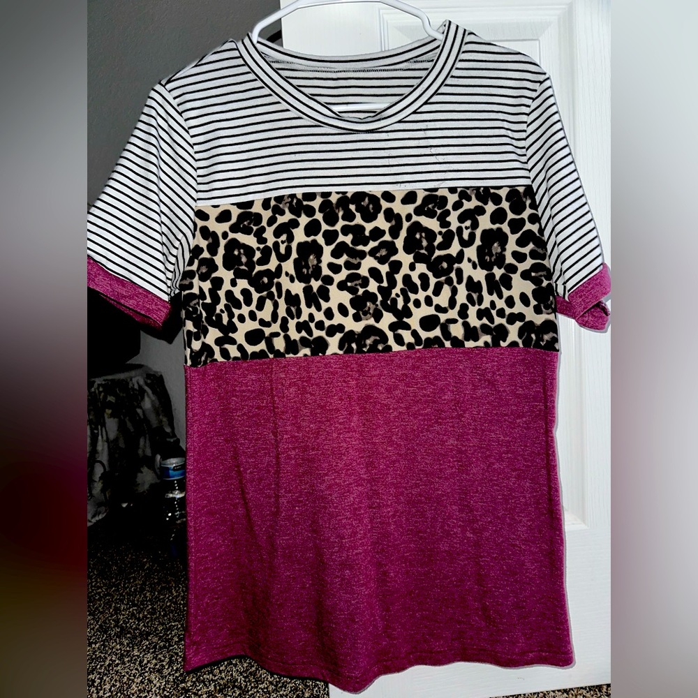 Striped and Leopard Print Colorblock T-Shirt